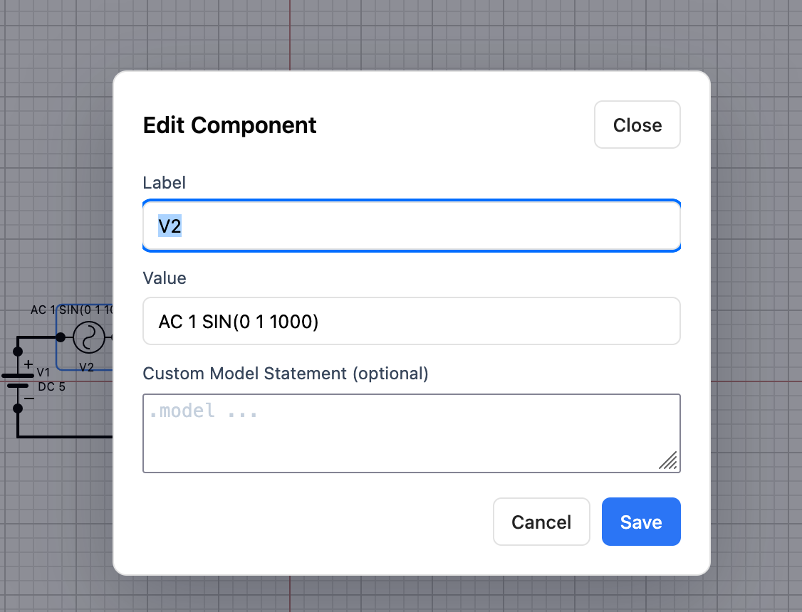 Component editor showing V2 with value AC 1 SIN(0 1 1000)