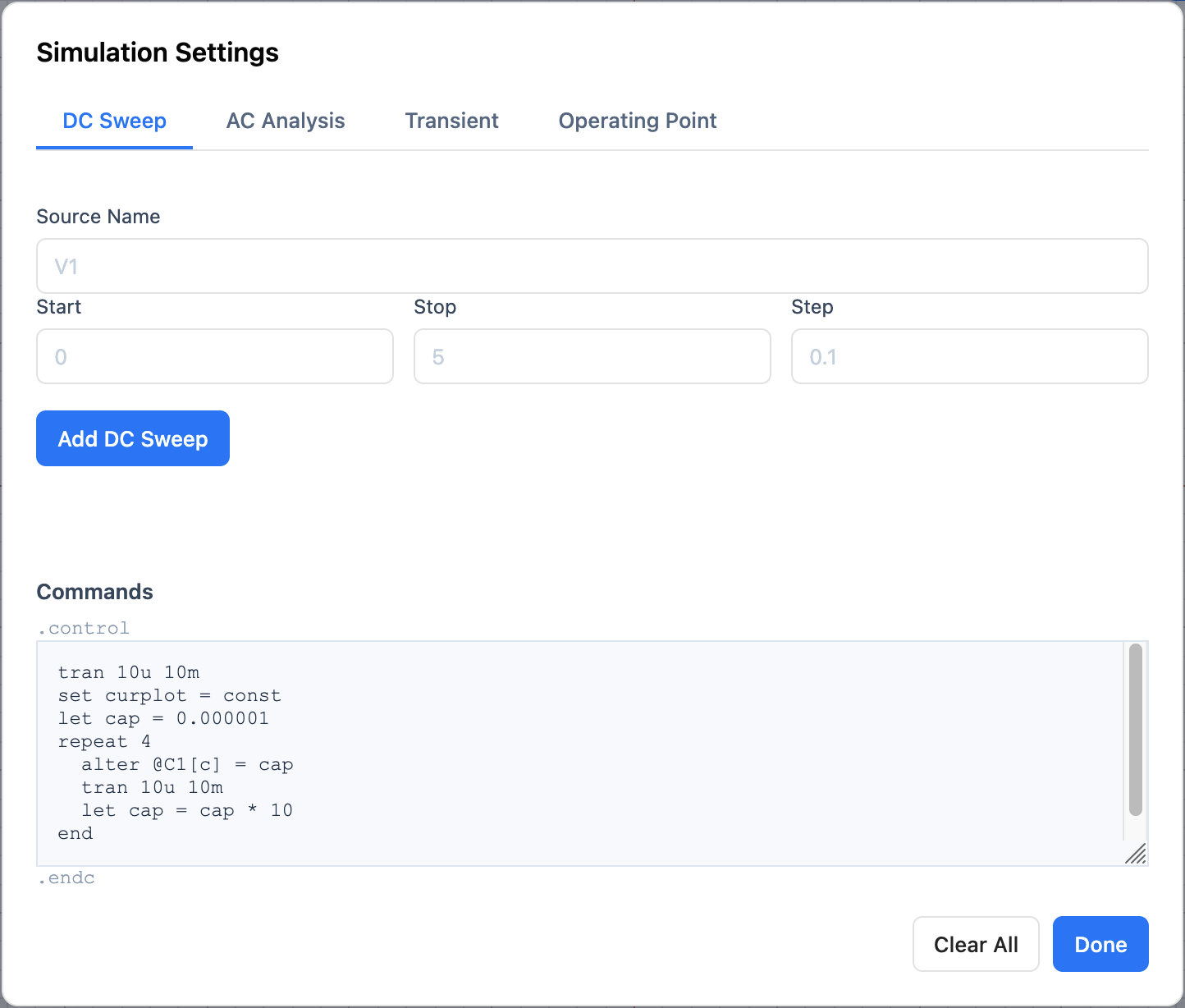 Simulation Settings Commands box showing the repeat loop script
