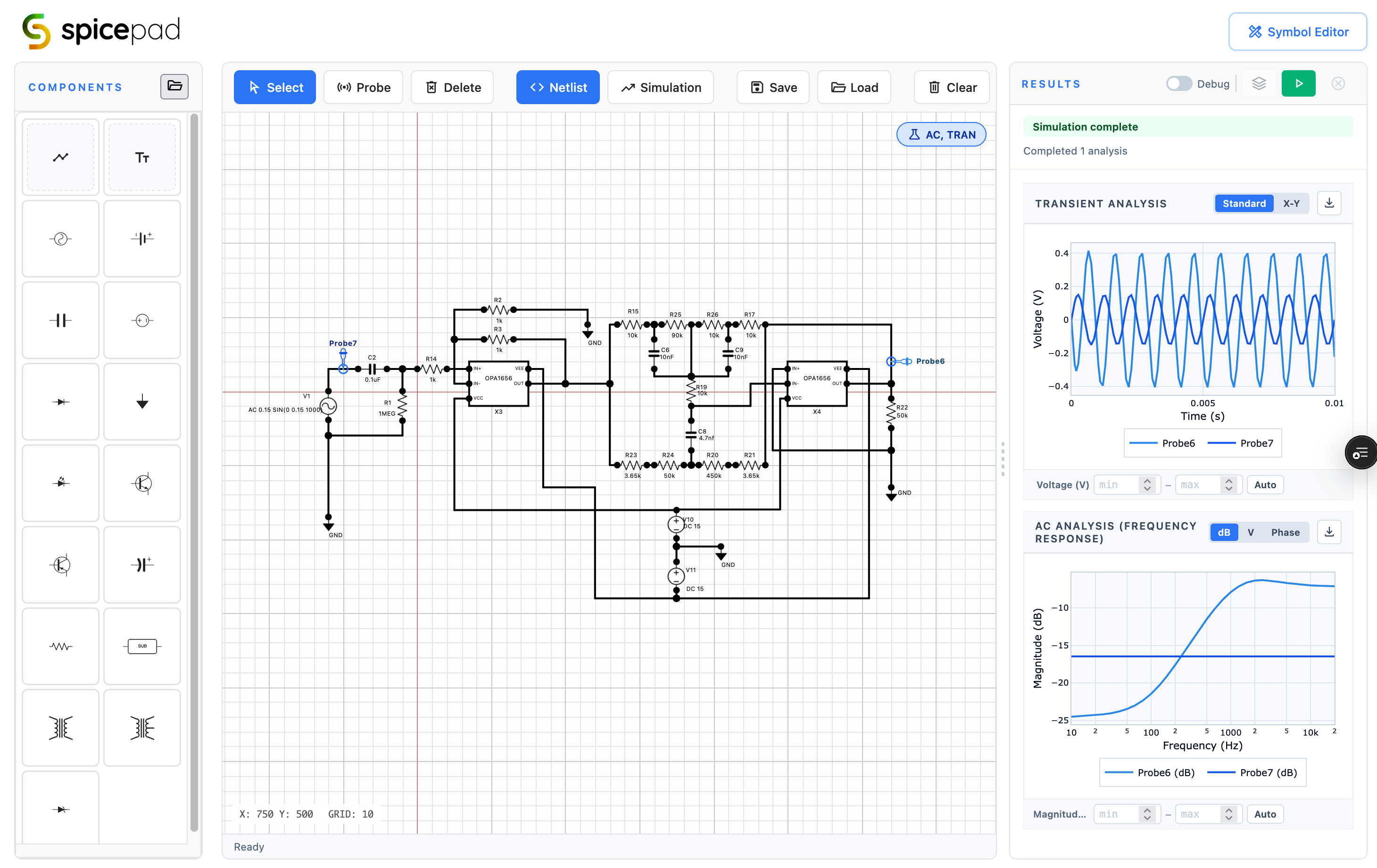 SpicePad circuit editor with Baxandall tone stack, transient and AC analysis results