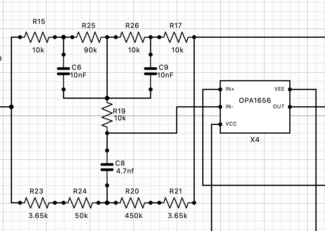 SpicePad schematic closeup — Baxandall tone stack with OPA1656 op-amp