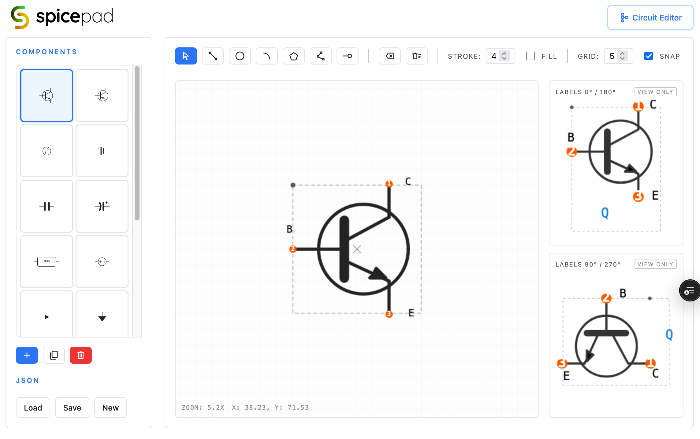 SpicePad symbol editor — NPN transistor with pin labels and rotation previews